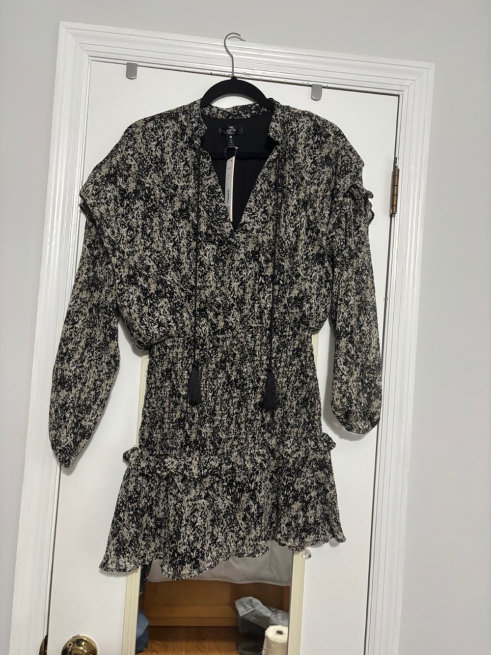 Aqua Black and Cream Printed Long Sleeve Dress